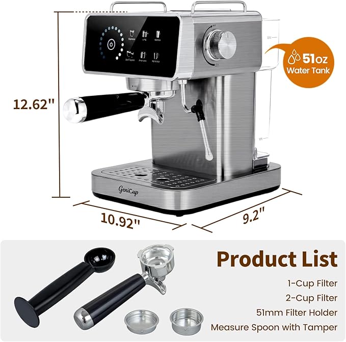Touchscreen Espresso Machines with Timer 20 Bar Expresso Coffee Machines Professional Stainless Steel Coffee Maker with 51oz Water Tank for Latte Americano, Cappuccino Machine for Home Office