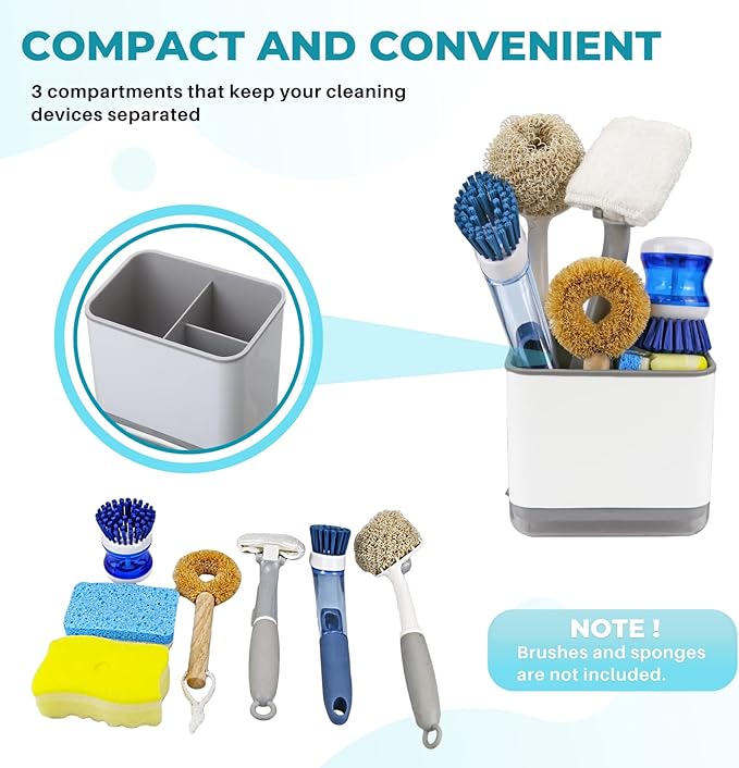 KeFanta Sink Counter Caddy, Plastic Dish Sponge Holder, Kitchen Brush and Scrubber Organizer with Drain Tray, White