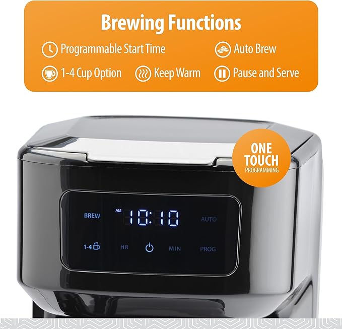 Toastmaster 12-Cup Digital Touchscreen Drip Coffee Maker - Programmable Automatic Coffee Machine - Kitchen Appliance with Keep Warm Setting
