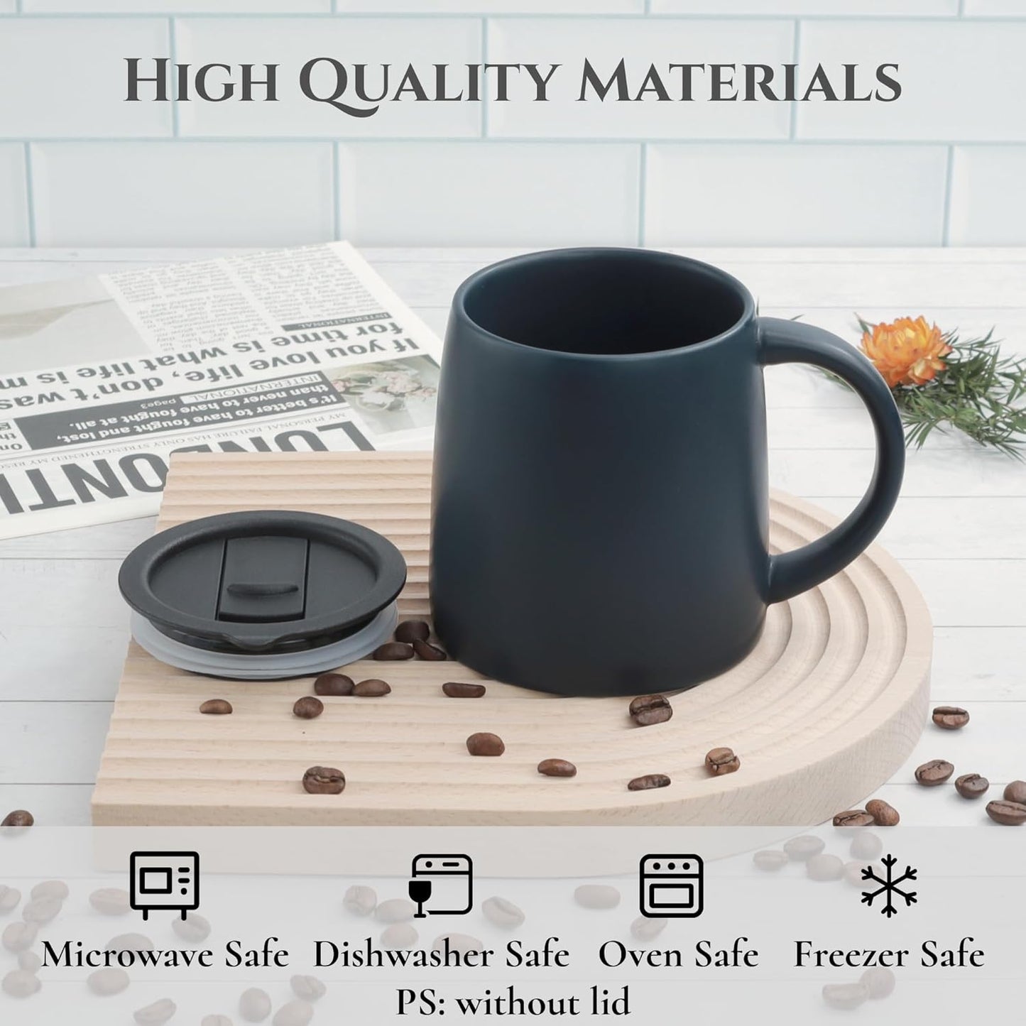 Classic Mug, 14 oz Large Coffee Mug with Handle, Ceramic Porcelain Tea Cup, Smooth Matte (Sliding Lid, Navy Blue)
