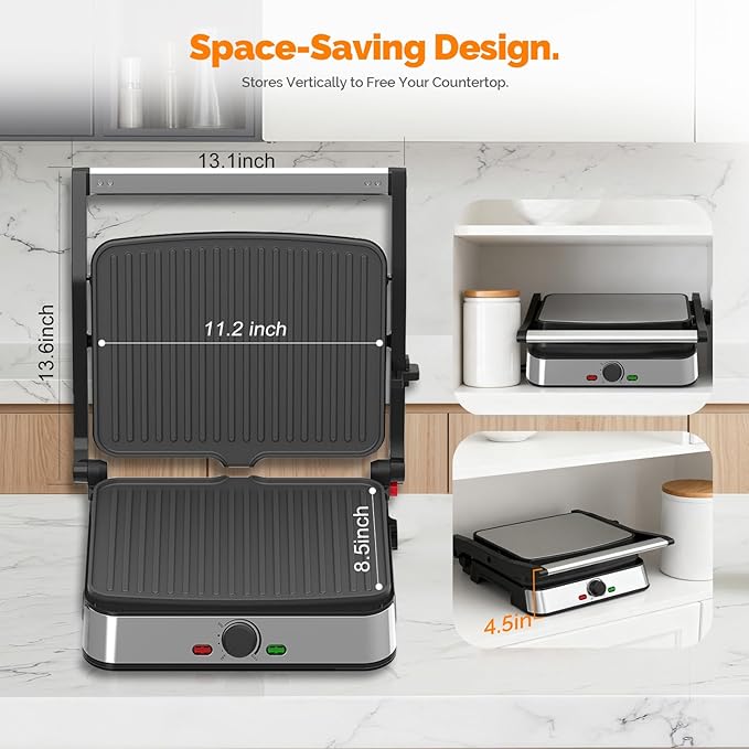 Electric Panini Press Grill and Sandwich Maker / 8.5" x 11" Non-Stick Coated Plates, Opens 180 Degrees to Fit Any Type or Size Food, Dishwasher Safe, Sliver