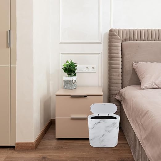 Ipetboom Marble Trash Can with Lid Plastic Garbage Bin for Bathroom Bedroom Kitchen Narrow Space Wastebasket