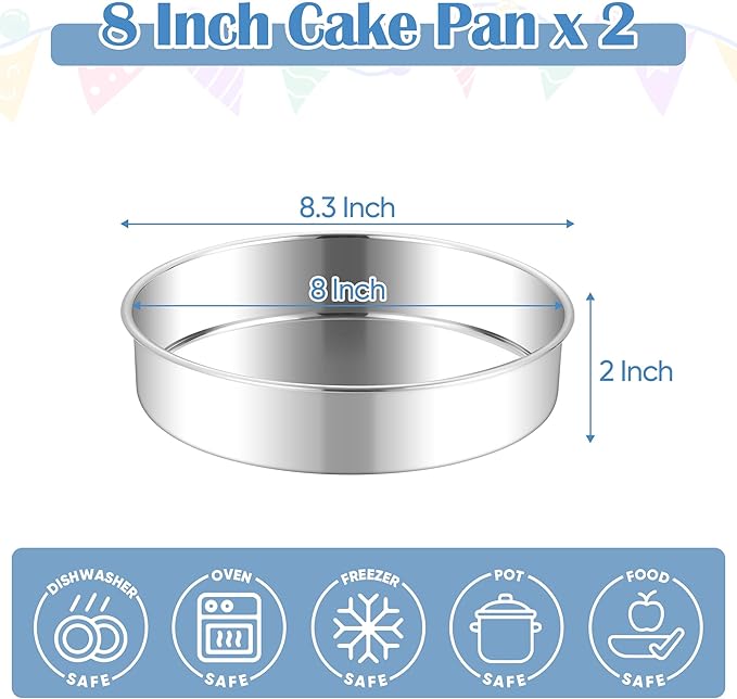 E-far 8 Inch Cake Pan Set of 2, Stainless Steel Round Baking Pans Tins Mold - Non-Toxic & Leak-Proof for Birthday Wedding Layer Tiered Cake, Easy Clean & Dishwasher Safe