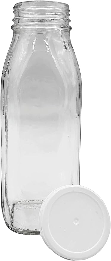 The Dairy Shoppe Glass Milk Bottle, Heavy Glass with Extra Lid, Creamery Style (4, Threaded Pint)