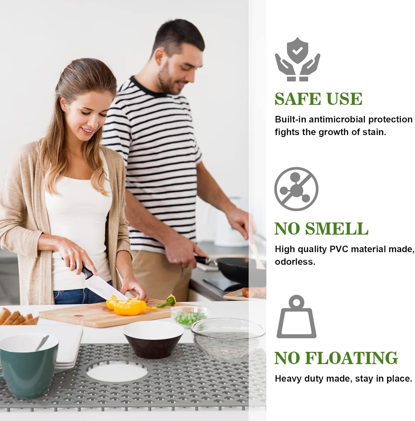 TOOVEM Silicone Kitchen Sink Mat with Non-slip, Stable, Farmhouse Sink Protector for Kitchen Stainless Steel Drainboard- Grey