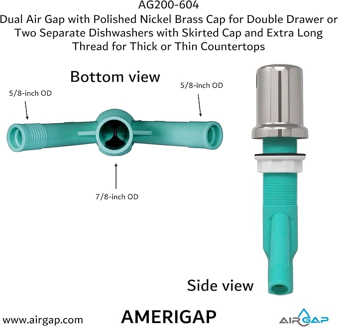 Dual Air Gap with Polished Nickel Brass Cap for Double Drawer or Two Separate Dishwashers with Skirted Cap and Extra Long Thread for Thick or Thin Countertops (AG200-604, AG200-X04,AMERIGAP)