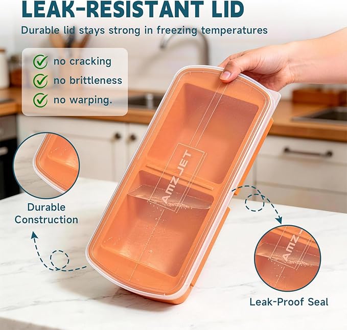 4 Pack Silicone Freezer Trays with Lid - Multi-Size 1-Cup & 2-Cup Portions, Food-Grade Silicone Freezer Molds for Soup & Meal Prep - Large Freezer Storage Containers, Oven & Dishwasher Safe - Orange