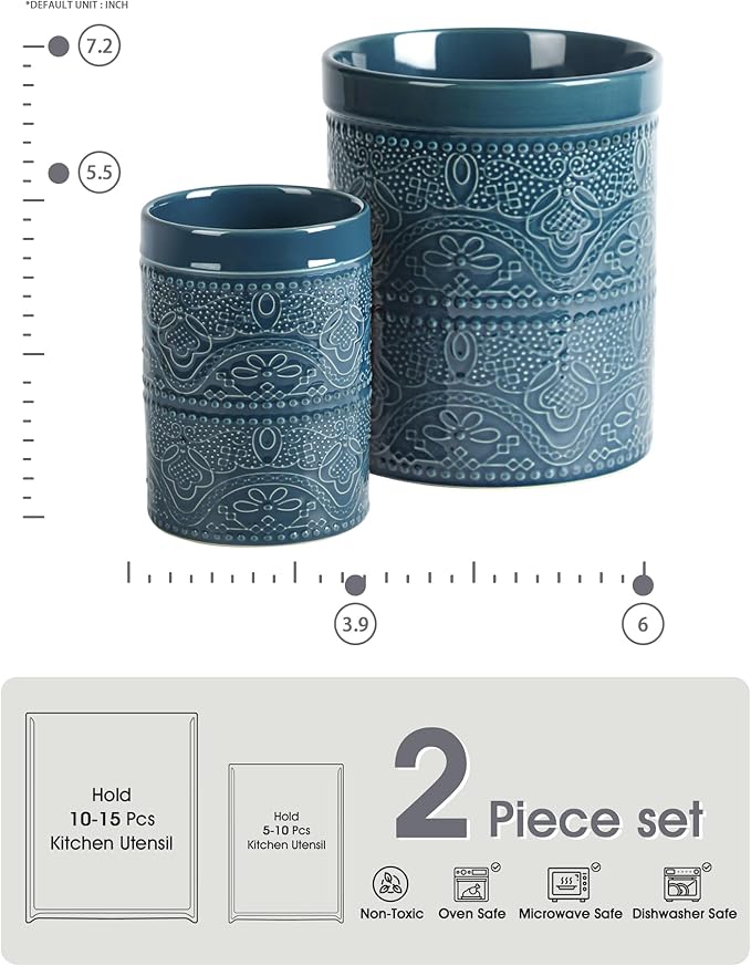 FUN ELEMENTS Kitchen Utensil Holder, 7.2+5.5" Super Large Utensil Crock Heavy and Stable Lace Emboss Ceramic Utensil Holder for Kitchen Counter(2Pcs Grayish Blue)