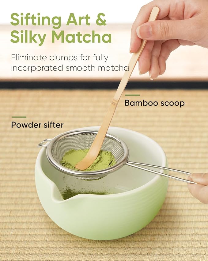 Matcha Whisk Set Kit, 5-PC Ceramic Matcha Bowl with Spout & Holder, Bamboo Whisk, Sifter, Scoop, Traditional Japanese Matcha Tea Making Tools, Complete Gift Set