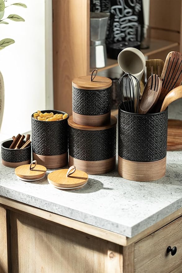 Miamolo Large Jar with Lid, Ceramic Coffee Container with Airtight Lids, Food Storage Containers, Kitchen Canisters for Countertop Coffee Bar Accessories Weeding Gift - Black & 64 fl.oz