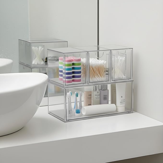 Coffee Pod and Tea Bag Organizer Drawer – Crystal-Clear Acrylic Tea Bag Drawer, Easy to Clean & Stackable for K-Cups, Tea, Sugar Packets in Office, Gym & Kitchen Cupboard (4-Pack)