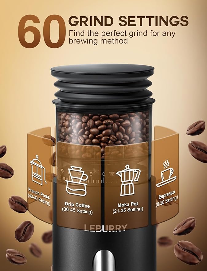 Burr Coffee Grinder – Portable Coffee Bean Grinder with 60 Grind Settings, LCD Timer, 51 & 58mm Portafilter Compatible - Rechargeable Electric Espresso Grinders for Home, Office & Travel