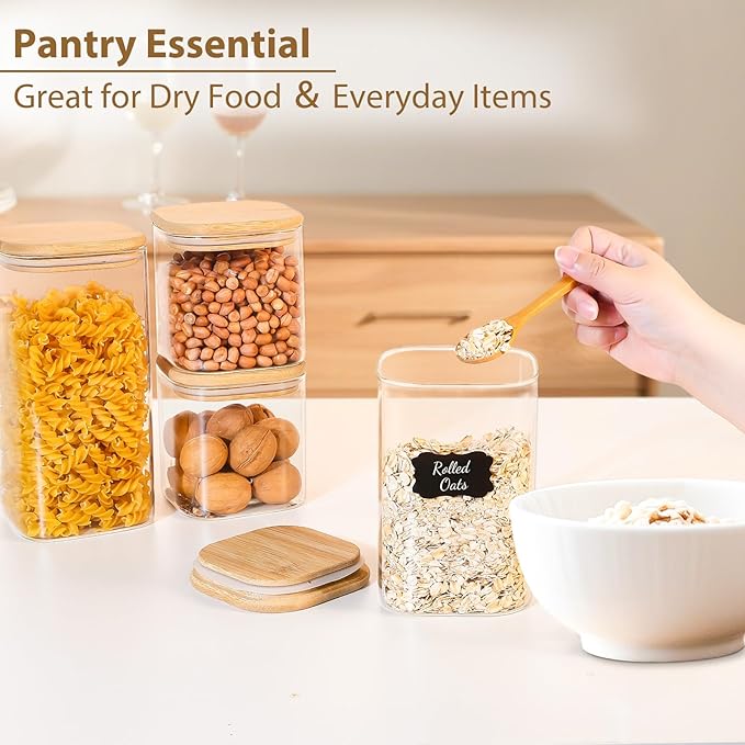 TBWIND 6 Pack Square Glass Storage Containers with Bamboo Lids (24oz/37oz/51oz) – Clear Food Airtight Canisters Sets for The Kitchen, Glass Jars for Coffee Beans, Coffee, Flour, Snacks, Spices