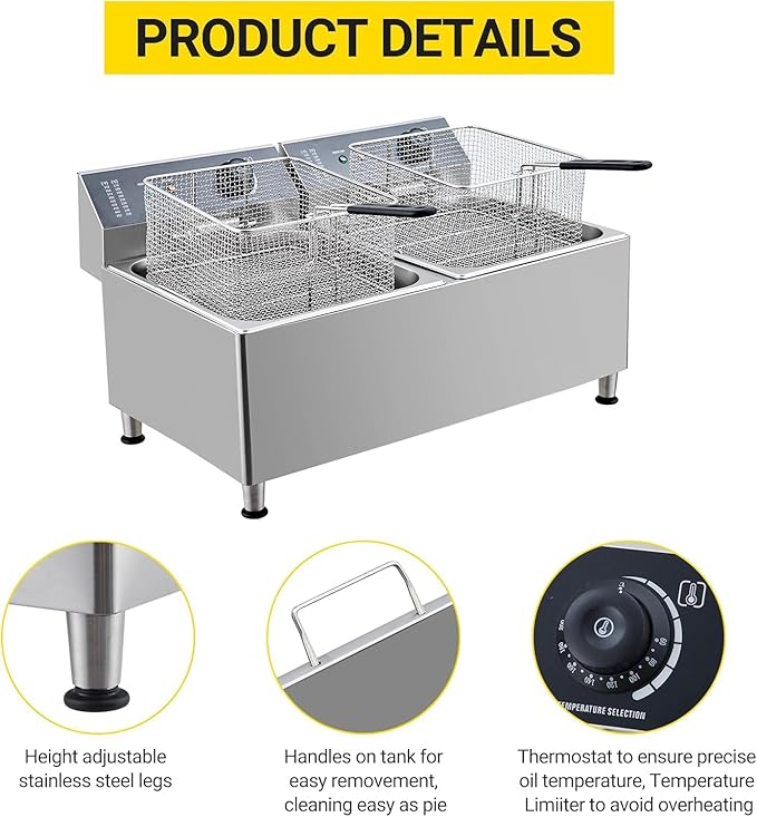 23.2 QT/22 L Commercial-Grade 3400W Deep Fryer，2 Extra-Thick Baskets with 304 Stainless Steel, Electric Fryer Splash Guard Lid & Adjustable Thermostat for Restaurant, Catering, Home Kitchen