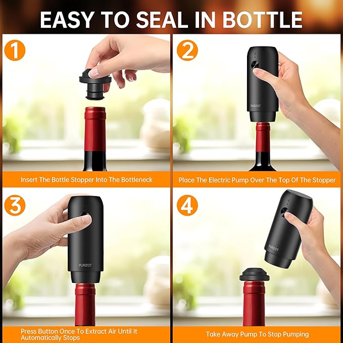 Rechargeable Electric Vacuum Wine Sealer Pump, One-Touch Automatic Air Remover, Cordless Type-C Charging Preservation Tool with Reusable Stopper for Home Bar Kitchen Party