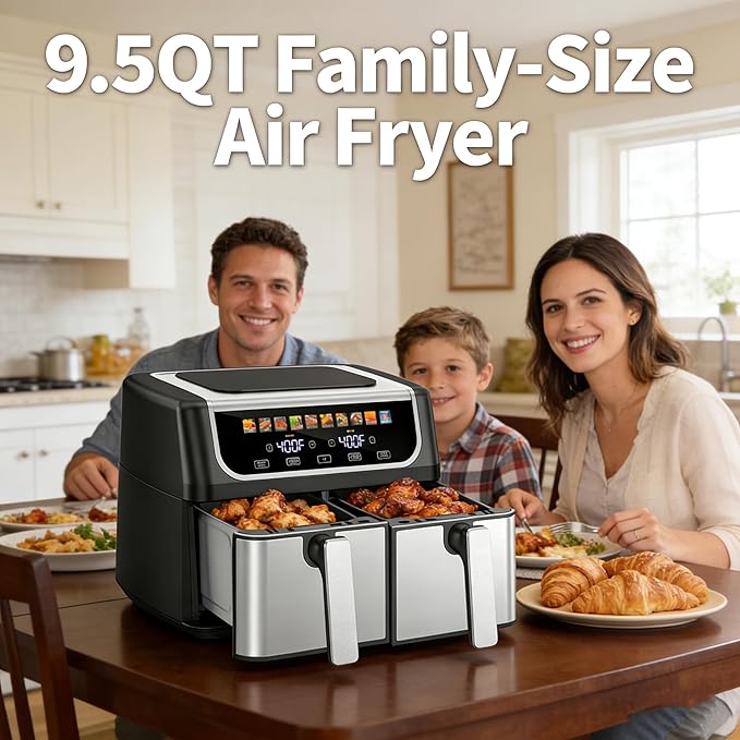 HealSmart 9.5Qt Dual Basket Air Fryer, 10-in-1 Smart Air Fryer with 1700W, Independent Temperature Control, Sync Cook & Shake Reminder, Nonstick Air Fryer Oven for Family Meals, Black