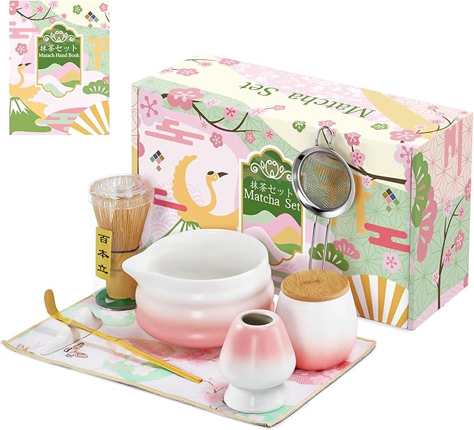 Matcha Whisk Set, Pink Matcha Kit, 8 Pcs Matcha Set Includes Matcha Bowl with Spout, Matcha Whisk and Holder, Ceramic Tea Caddy, Bamboo Scoop, Scoop Rest, Sifter and Tea Towel, Gift for Tea Lover