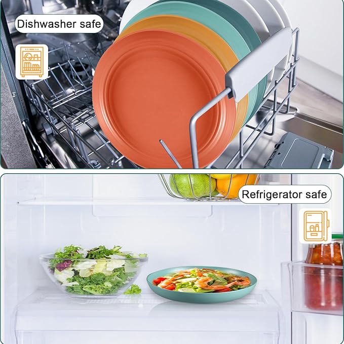 12 Pcs Unbreakable Deep Dinner Plates Set, 9 inch Reusable Plastic Wheat Straw Plates, Microwave and Dishwasher Safe Plate for Kitchen, Lightweight Plate for Dessert, BPA Free, Dark Blue