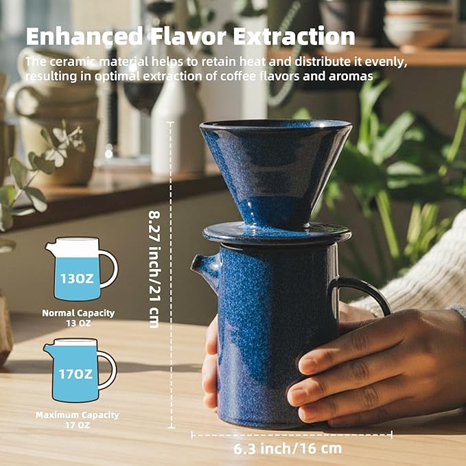 Pour Over Coffee Maker, Ceramic Pour Over Coffee Dripper Set With 20 Count Paper Filters, 16.5oz/500ml Coffee Pour Over (Royal Blue, V02)