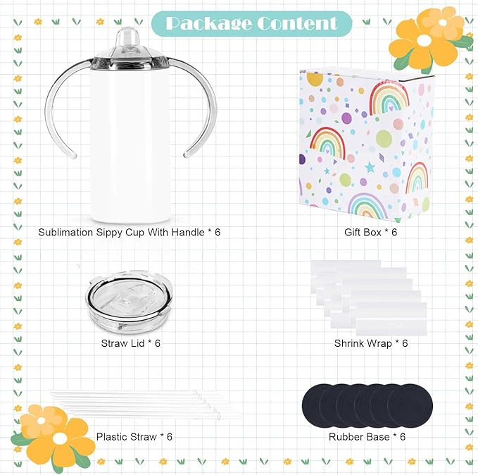 12 Oz Sublimation Sippy Cup 6 Pack, Kids Sublimation Sippy Tumblers, Stainless Steel Todder Water Bottle