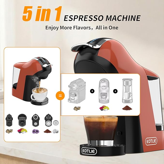 KOTLIE EM-308B Espresso Machine, Single Serve Coffee Maker Compatible with Multiple Capsule Types, Ground Coffee, and ESE Pods, 3 Temperatures, 7 Water Volume Levels, 34 Oz (Orange)