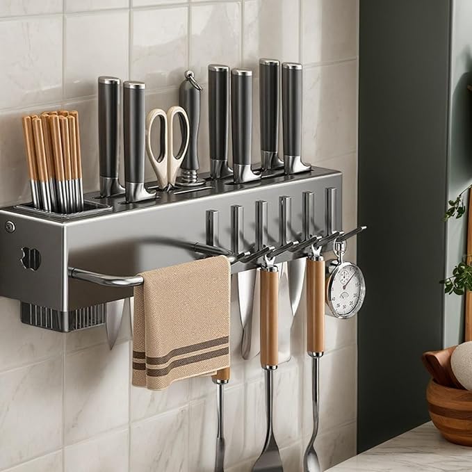 Utensil Holder – Kitchen Wall Organizer | No-Drilling Wall Mount Cutlery Storage Rack With Hooks, Towel Hanger For Spatula, Spoon, Mug & Kitchen Accessories Organization And Space Saving