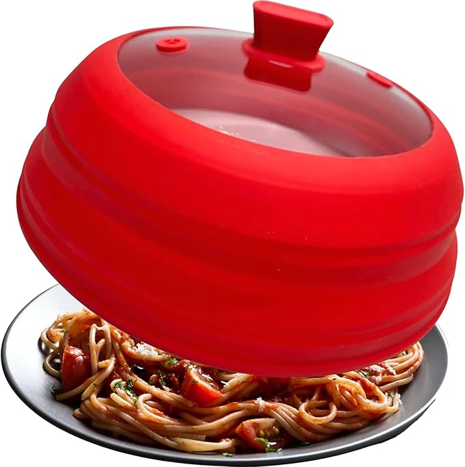 Collapsible Microwave Splatter Cover, Glass Silicone Foldable Microwave Lid for Food, 10.8 Inch Grease Splatter Guard for Pots, Pans & Bowls, Red