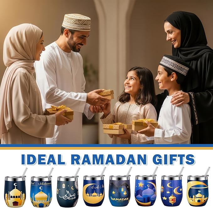 Sliner 8 Pcs Ramadan Mubarak Gifts Islamic Eid Tumbler with Lid 12oz Stainless Steel Muslim Gifts Mug Tumbler Double Insulated Coffee Cup Travel Mug for Muslim Islam Festival Holiday Favors