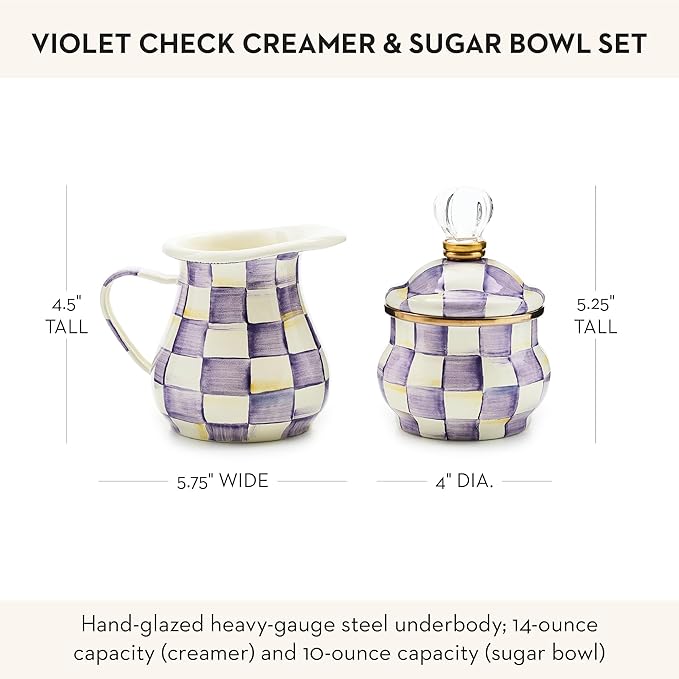 MACKENZIE-CHILDS Enamel Creamer and Sugar Bowl Set, Cream Dispenser with Pour Spout and Sugar Holder, Unique Kitchen Decor, Purple-and-White Violet Check