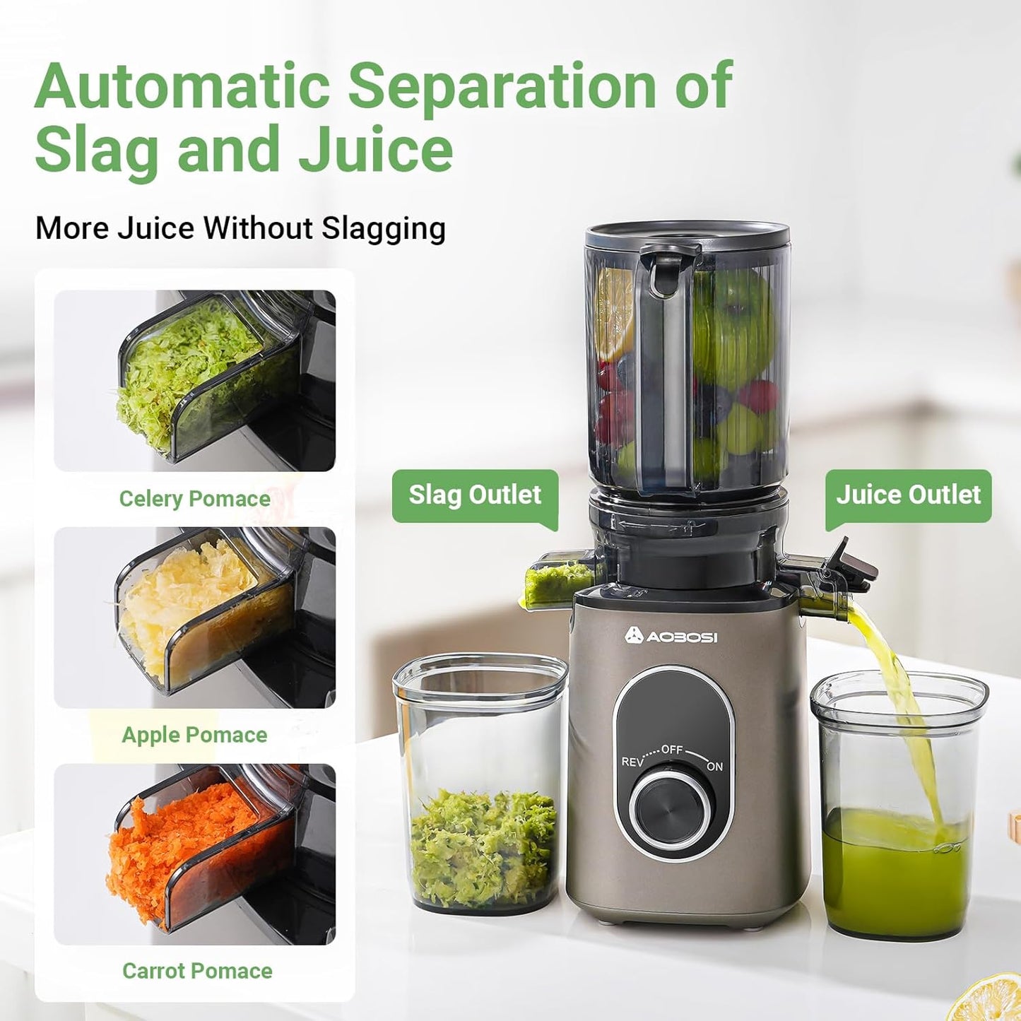 AAOBOSI Cold Press Juicer, 4.35" Large Feed Chute Masticating Juicer Machines (Upgrade) High Juice Yield Slow Juice Extractor fit Fruits &Vegetables, Easy to Clean, New Designed for Home and Travel