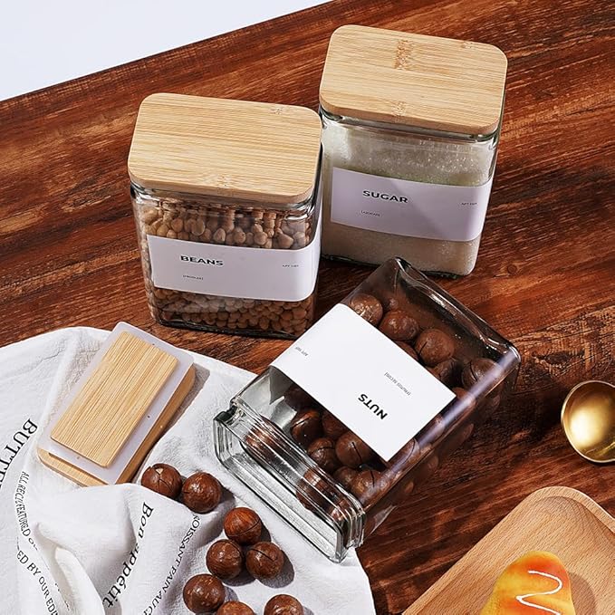 APT 1101 Glass Storage Jars with Bamboo Lid, glass canisters with airtight lids, Clear jars with lids for Spice, Cookie, Candy, Tea, Coffee Bean and Rice (White, Pantry Jar Set (26 oz, set of 6))