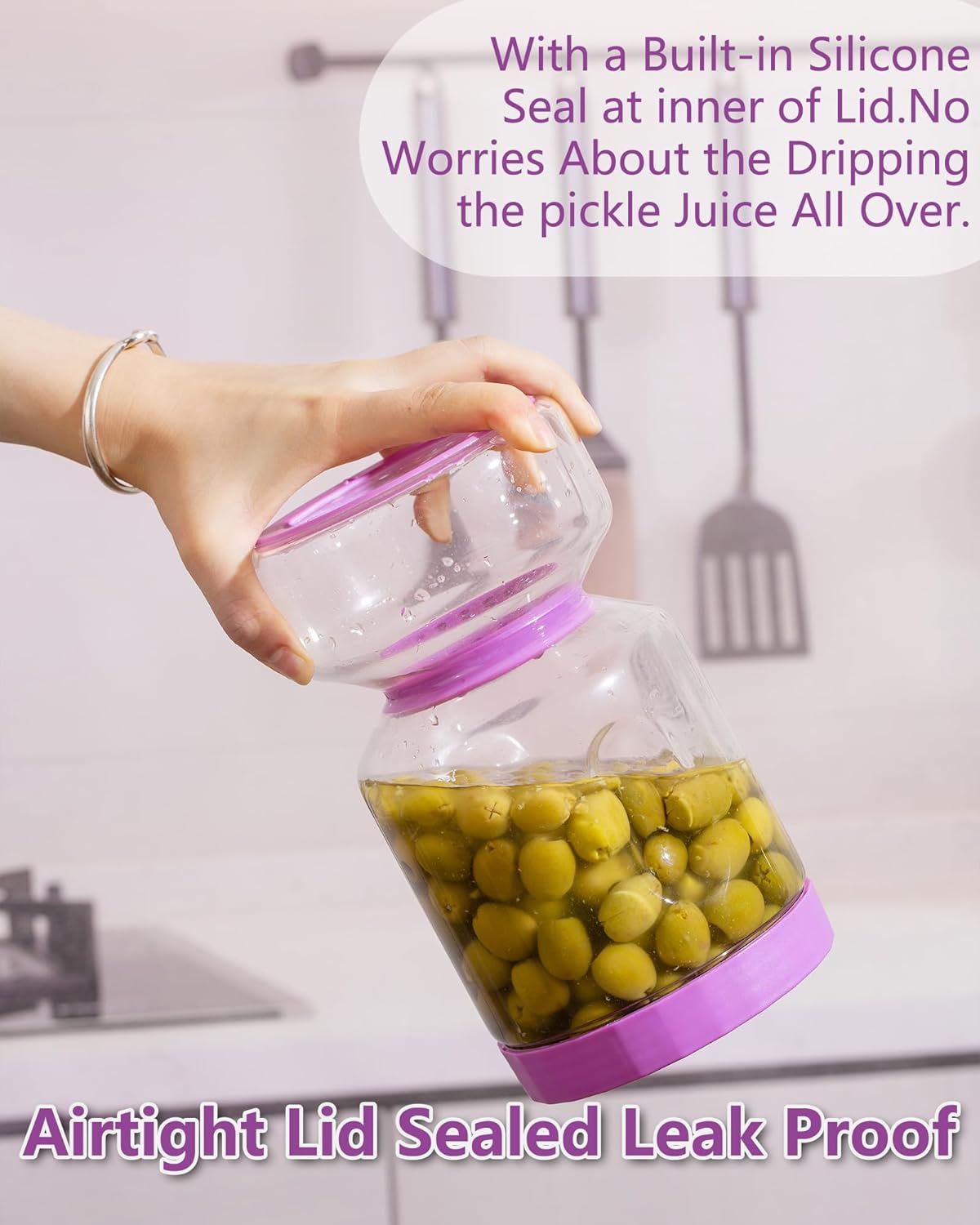 ZENS Pickle Jar with Strainer Flip, 2 Pack 51oz Pickle Container for Olive Juice Separator, Anti-Slip Leakproof Glass Hourglass Jars for Storage Pickles, Jalapeno, Gifts for Mom
