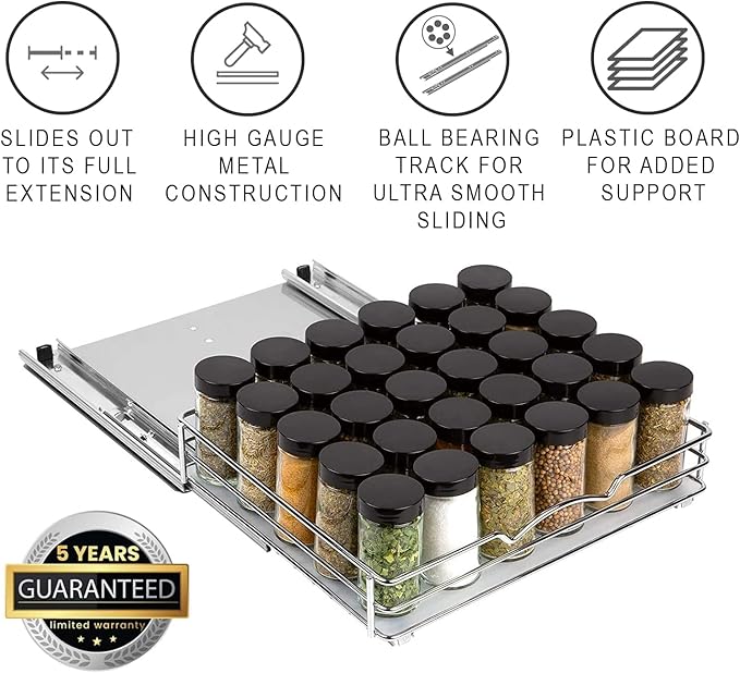 Pull-Out Cabinet Spice Rack Organizer - Slim Slide-Out Storage for Spices, Bottles & Jars, Premium Heavy-Duty Steel, Easy Install for Narrow Kitchen Cabinets - 12 ⅜ W x 10 ⅜ D x 2 ¾ H, Chrome