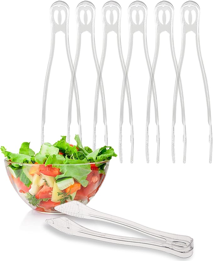 PARTY BARGAINS 8.5 Inches Plastic Serving Tongs, 6 Pack, Premium Quality & Heavy-Duty Clear Plastic Tongs for BBQ, Salads, Grilling, Buffets, & Kitchen