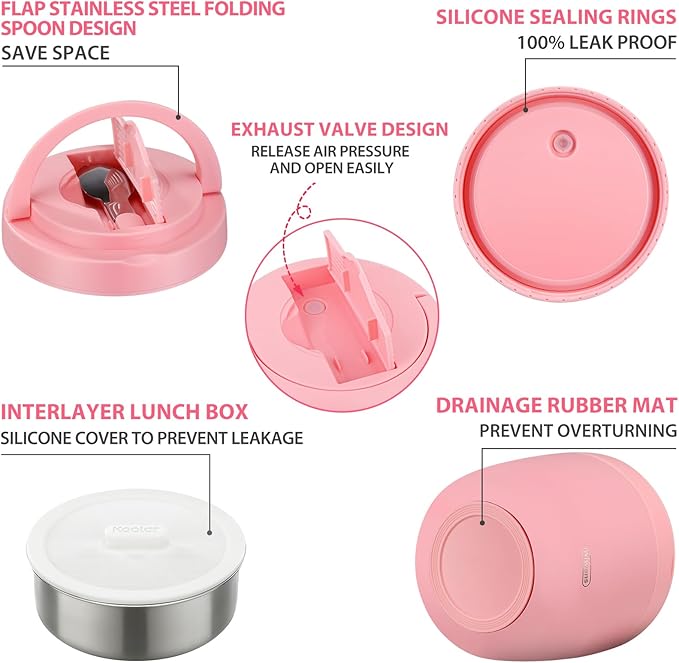 wiwens Thermo Food Jar for Hot Food Adults 32OZ Soup Thermo Lunch Containers Wide Mouth Vacuum Insulated Stainless Steel Leakproof Bento Box with Spoon (Pink2)