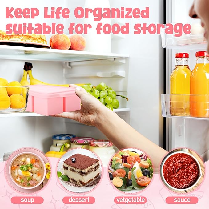 4 Pack Silicone Freezer Trays with Lid, 1/5, 1/2, 1, and 2 Cup Soup Freezer Molds Set Stainless Steel Frame Ice Cube Tray for Meal Prep Freezing Soup Stews Sauces Oven Microwave Safe(Pink)