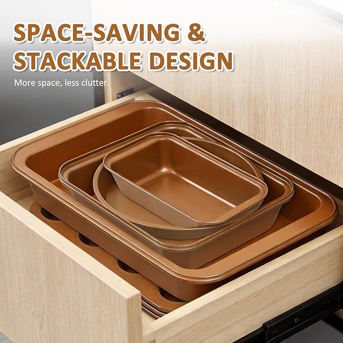 10PCS Nonstick Baking Pans Set - Bakeware Sets for Cooking, Oven and Dishwasher Safe, Non Toxic, Includes Cookie Sheets for Baking, Muffin Pan, Bread Pan, Cake pan, Loaf Pan, Roasting Pan Gold