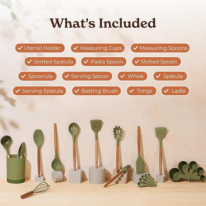 Silicone Kitchen Utensils Set & Holder: Cooking Utensils Set - Kitchen Essentials for New Home & 1st Apartment- Silicone Spatula Set, Cooking Spoons for Nonstick Cookware (Acacia Wood, Green)