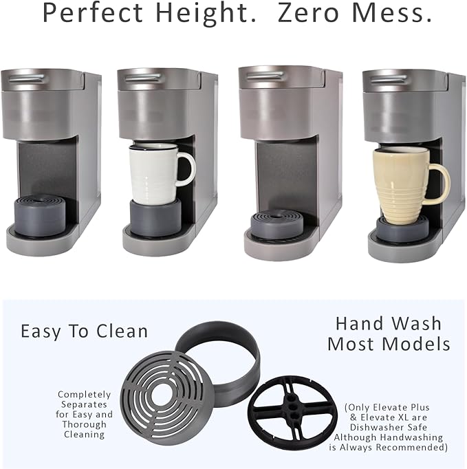 Elevate Anti-Splash Cup Riser Accessory for most Keurig K-cup, Cuisinart Single Serve, and other Coffee Makers, Adjustable for Cup Size and Drip Tray Type (Dark Gray with Black Base)