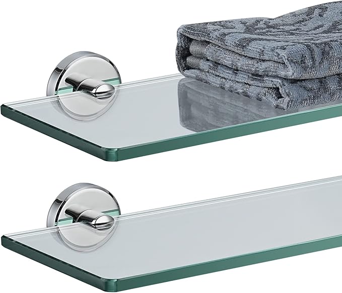 JQK Bathroom Glass Shelf Chrome, Tempered Glass Shower Storage 12 by 5 inches, 304 Stainless Steel Polished Chrome Wall Mount 2 Pack, TGS101L12-CH-P2