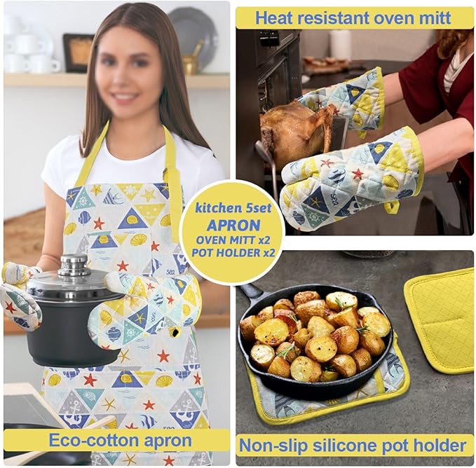 Alselo Oven Mitts and Pot Holders with Chef Apron,Set of 5 Heat Resistant Kitchen Gloves and Silicone Non-Slip Potholders Adjustable Neck Buckle Apron, Cotton Nice Design for Cooking (Sea Fish)
