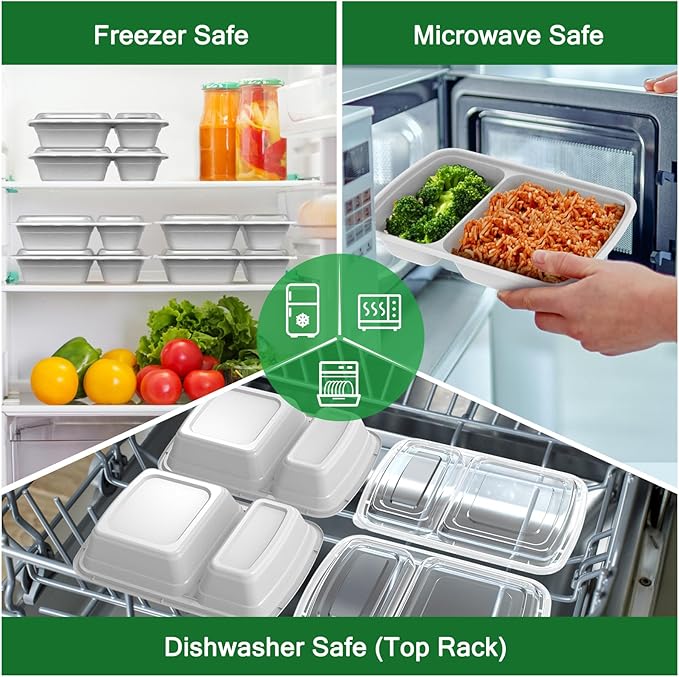 Dealusy 50 Pack (100-Piece) 28 oz Meal Prep Containers Reusable with Lids 2-Compartment, Sturdy Leakproof Food Safe, Microwave Freezer Dishwasher Safe, To Go Take Out Plastic Food Storage, Silver
