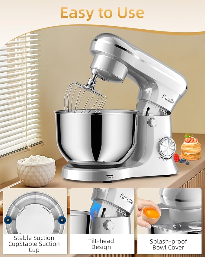Facelle Tilt-Head Stand Mixer, 5QT+6QT Stainless Steel Two Bowls, 10 Speeds Kitchen Electric Food Mixer with Egg Whisk, Dough Hook, Beater, Dishwasher-Safe Attachment, Ideal Gift for Mom (Sliver)