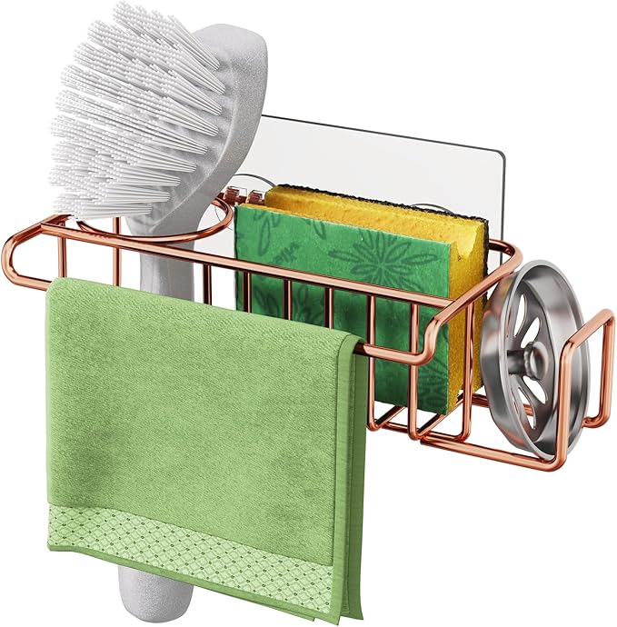 HapiRm Sponge Holder for Kitchen Sink, No Drill Kitchen Sink Caddy Organizer, Rustproof and Waterproof Dish Sponge Holder - Rose Gold