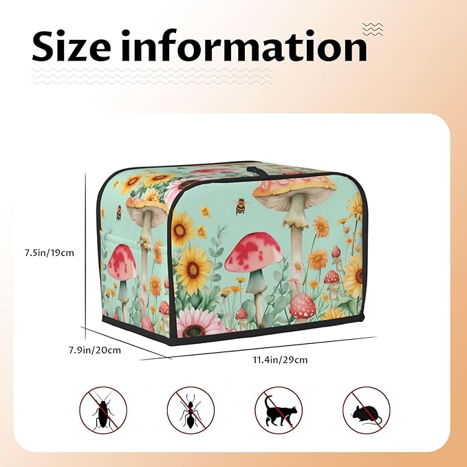 Pastel Sunflowers Mushrooms Toaster Cover 2 Slice, Cute Rural Bread Machine Cover, Washable Dust-Proof Cover for Kitchen Small Appliance Cover,with Top Handle
