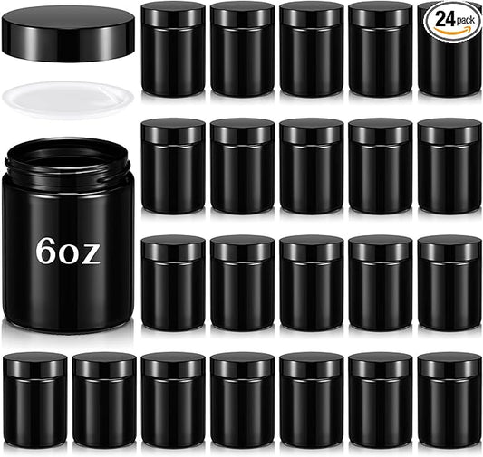 Domensi 24 Pcs Bulk 6oz Glass Jars with Lids Leakproof Round Airtight Empty Cosmetic Jars with Inner Liners Lid for Storing Lotions Spices Ointments Food Storage (Black)