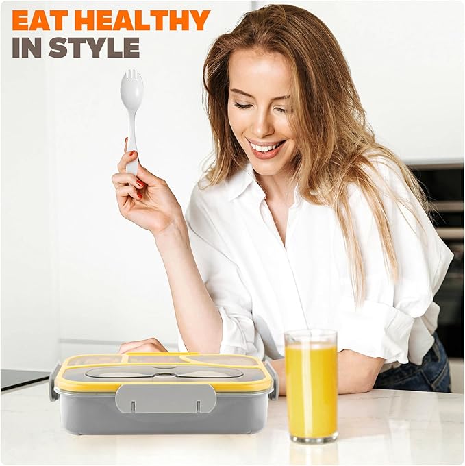 EASYFUN Bento Box Adult, Lunch Box, 4-Compartment Lunch Containers, Drop-Proof, Dishwasher Safe & Made with BPA-Free Materials (Grey)