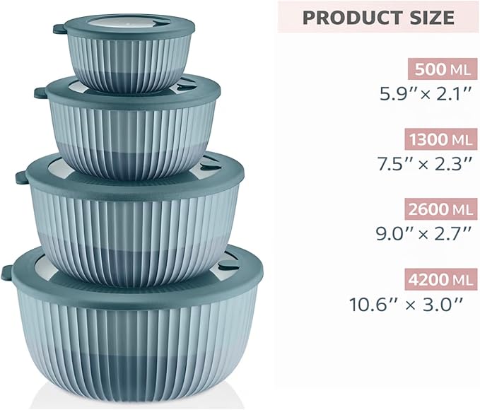 Mixing Bowls with Lids, 8-Piece Airtight Leak-Proof Nesting BPA-Free Bowl Set for Kitchen & Food Storage, Large 4200ml Capacity, Microwave & Dishwasher Safe