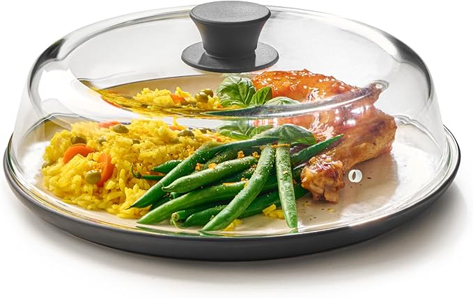 Le'raze 10inch Glass Microwave Splatter Cover for Food - 100% Food Grade BPA & Lead Free - Dishwasher Safe - Cookware & Bakeware Serving Dish Plate Mess Guard Lid with Easy Grip Silicone Handle Knob