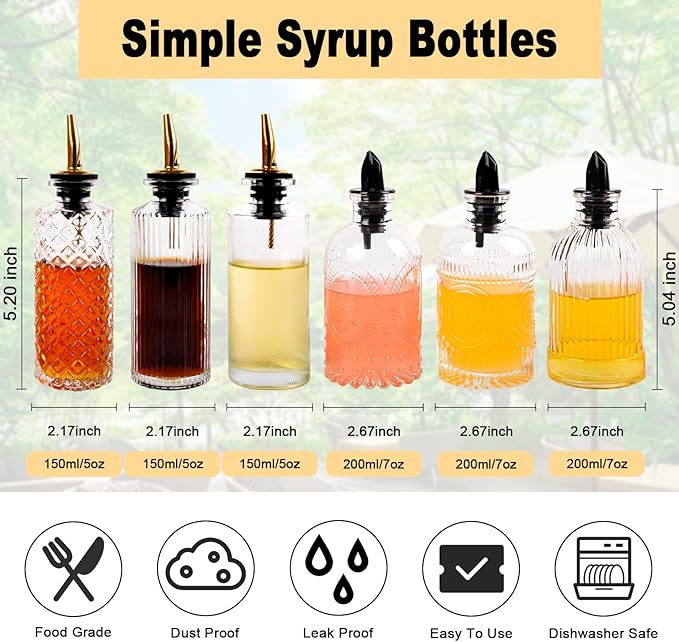 ChezMax Syrup Dispenser Bottles Set of 6, Simple Syrup Bottle for Coffee Bar Accessories, 5oz & 7oz Glass Coffee Syrup Dispenser Syrup Containers for Maple Honey Syrup Oil, Metal Pour Spouts & Labels